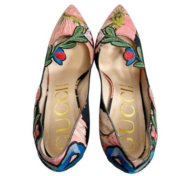 GUCCI Ophelia Floral Embroidered Printed Satin Pumps Graphite Black Pink - Picture 8 of 11